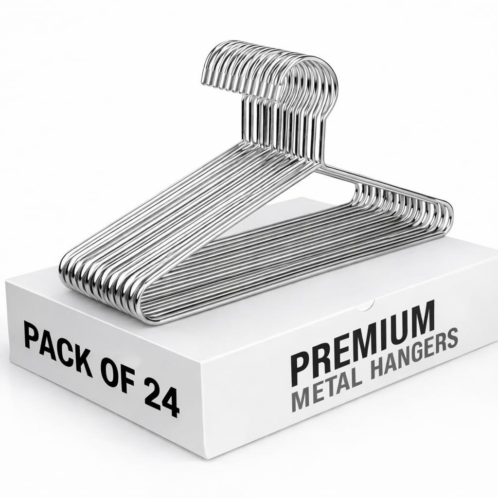 Pulgos Pack Of 24 Metal Clothes Hanger-Rust Free & Heavy Duty |Non-Slip Ultra-Thin Hangers For Wardrobe |Lightweight & Durable D