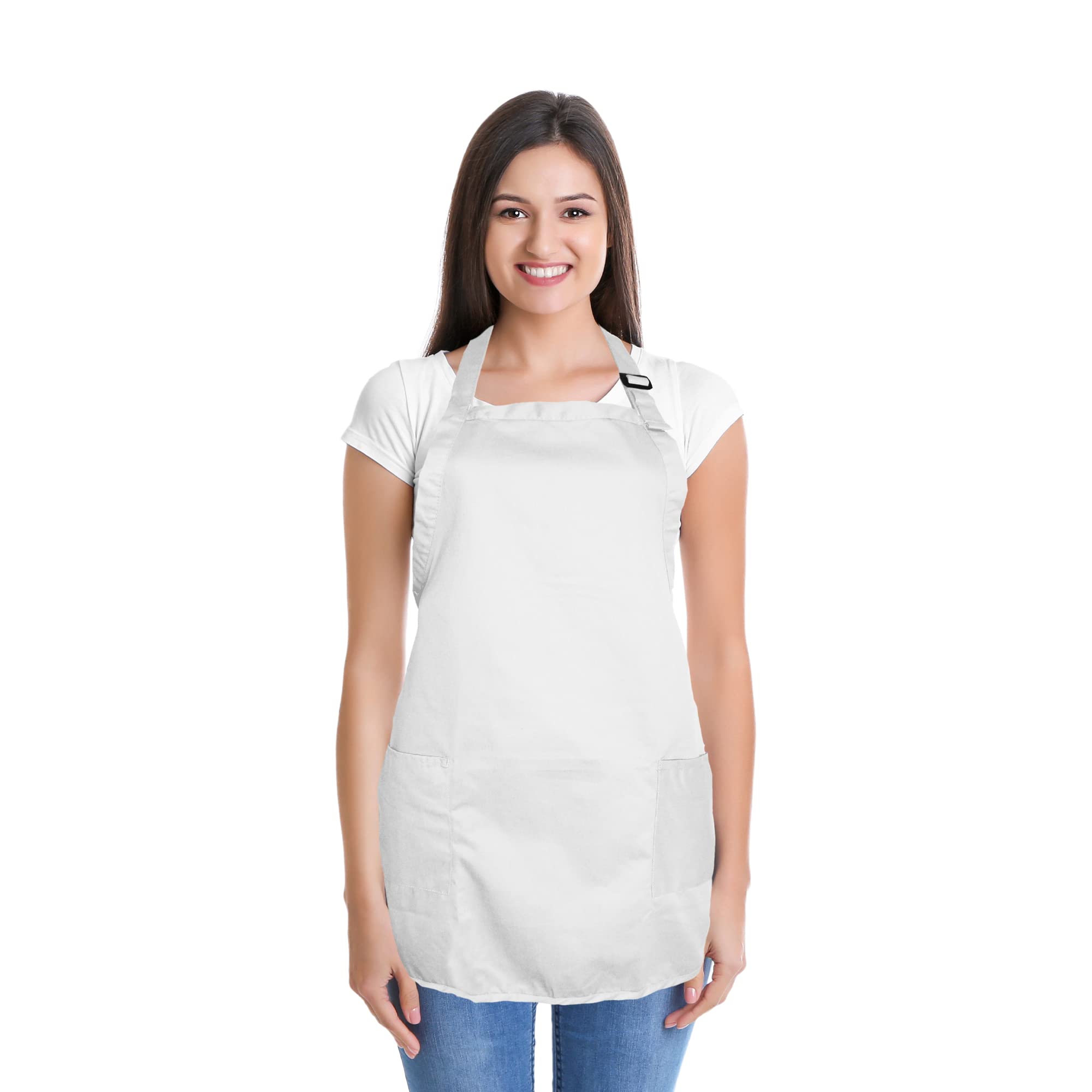 Dalix Apron Commercial Restaurant Home Bib Spun Poly Cotton Kitchen Aprons (2 Pockets) In White 2 Pack