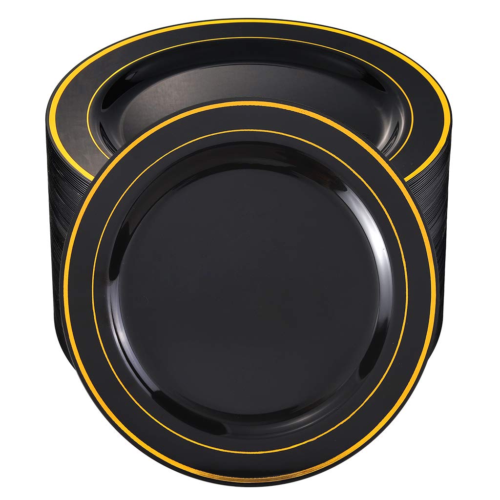 Bucla 100 Pieces Black And Gold Plastic Dinner Plates - 10.25 Inch Black Disposable Plates With Gold Rim - Disposable Dinner Pla