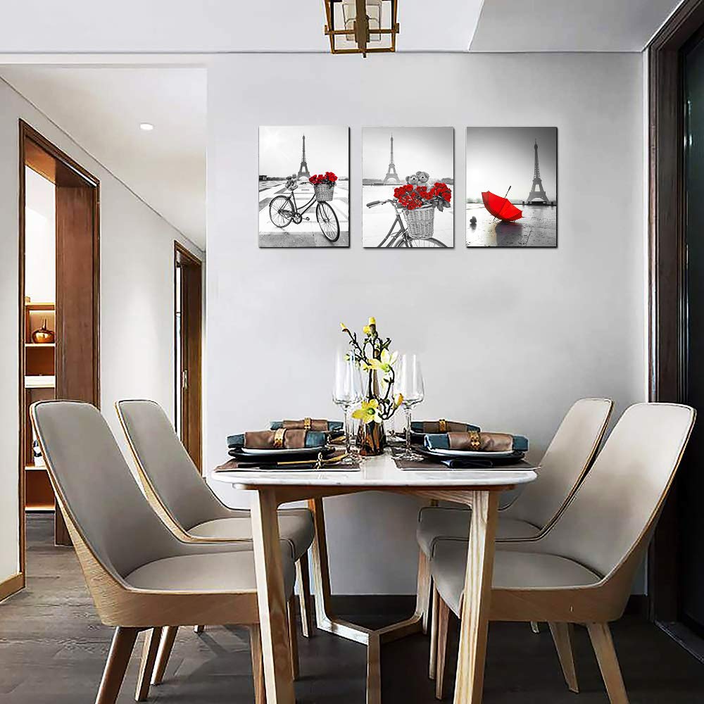 Red Flowers 3 Piece Canvas Print Wall Art For Living Room Bathroom Decorations Bedroom Wall Decor Modern Eiffel Tower Umbrella O