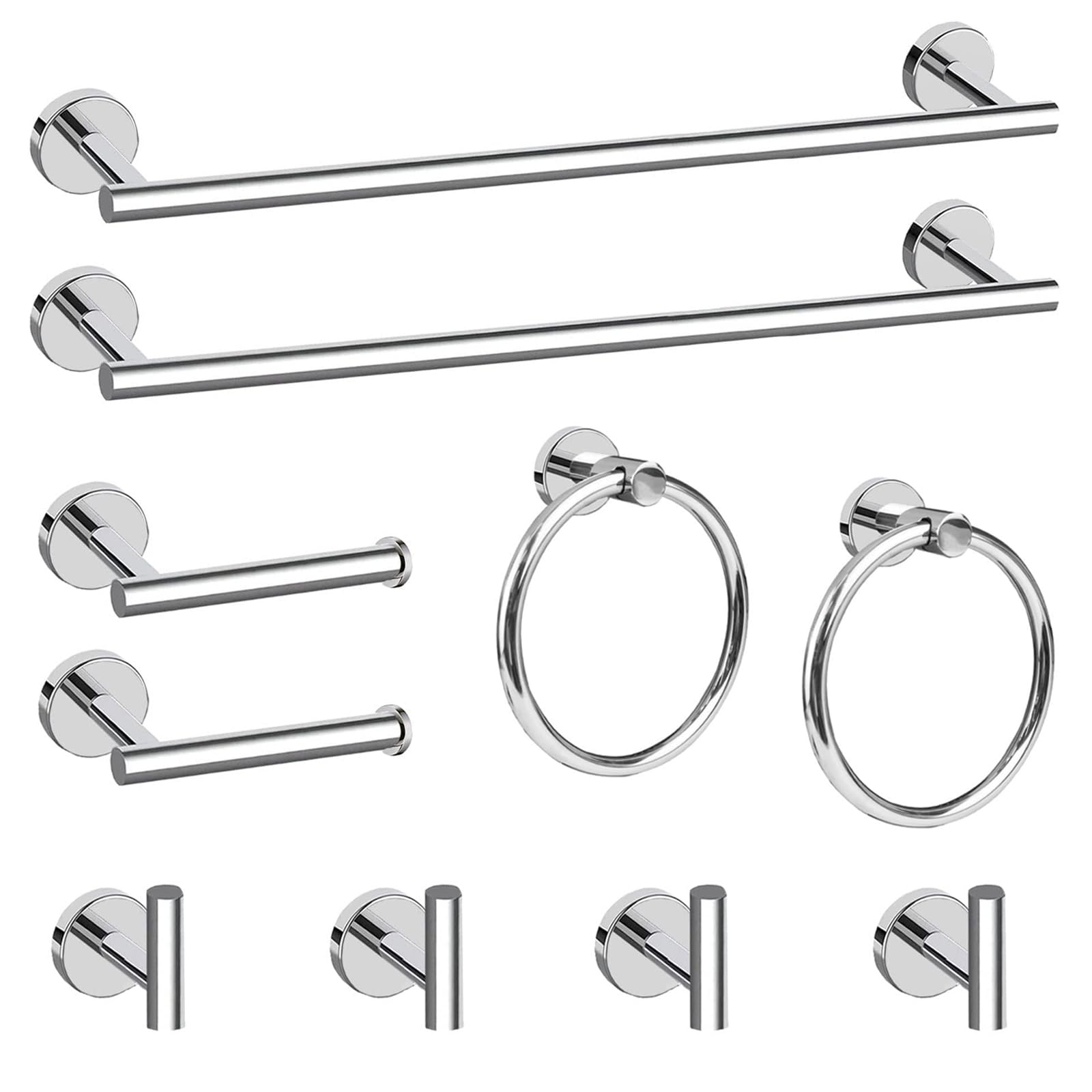 Cilee 10 Piece Chrome Bathroom Accessories Set, 24Inch Polished Chrome Towel Bar Ring+Toilet Paper Holder+ Robe Towel Hook Sus30