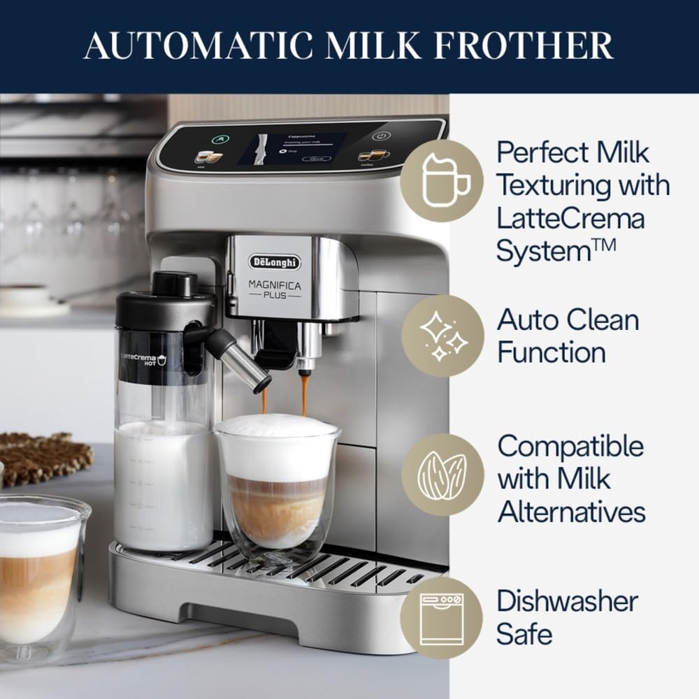 De'Longhi Magnifica Plus Fully Automatic Espresso Machine With Automatic Milk Frother For 18+ One Touch Recipes, Built-In Grinde