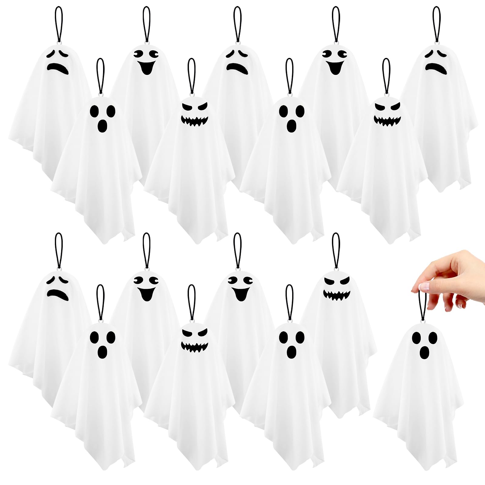 X-Kingsun 16 Pack Halloween Small Ghost Ornaments for Tree 8.27Inch White Ghosts Hanging for Front Yard Porch Patio Lawn Garden 