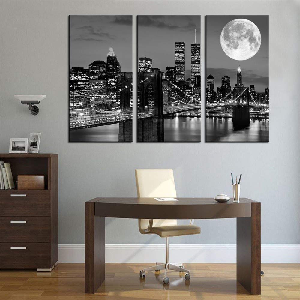 Biuteawal New York Skyline Wall Art Brooklyn Bridge Moon Night View Picture Canvas Print Black and White City Artwork Painting Modern Home Office Living Room Decoration