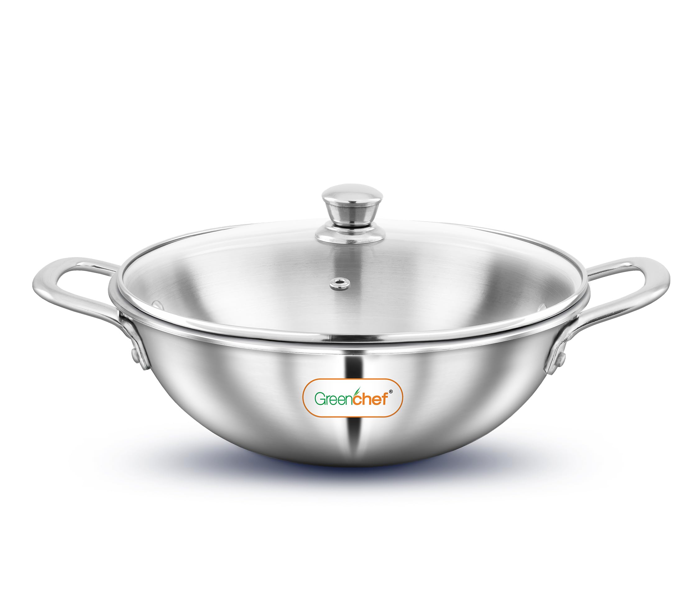 Greenchef Ss Tri Ply Steel Crest - Kadai 22 Cm With Glass Lid, Stainless Steel Exterior Surface, Ergonomic Handles, Induction Co