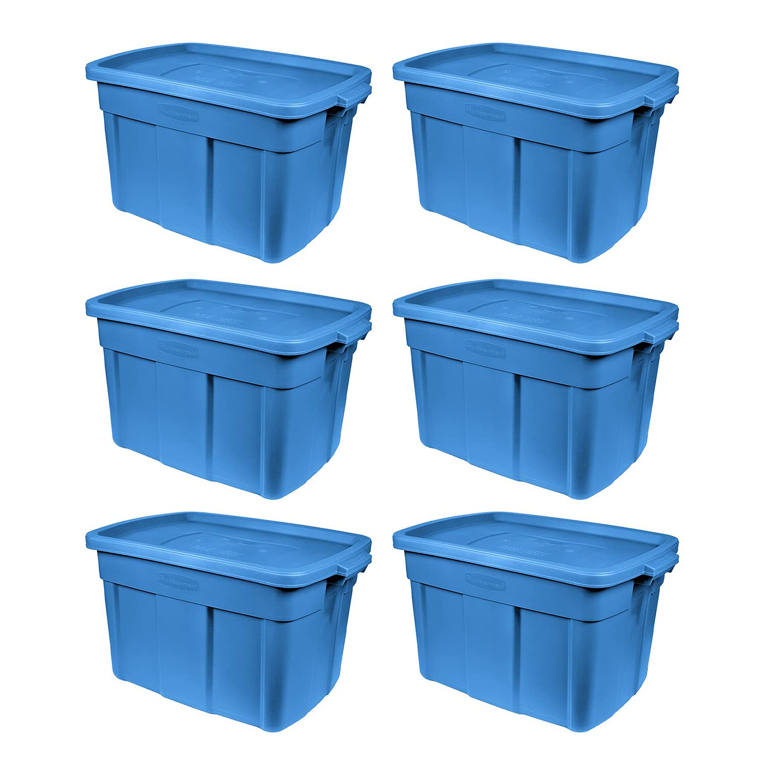 Rubbermaid Roughneck Tote 18 Gal - 6 Pack Made In The Usa Heritage Blue, Rugged Plastic Stackable Storage Tote With Lid And Hand