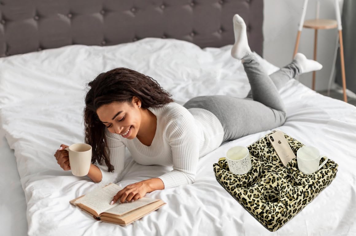 Couch and Bed Cup Holder Pillow  Sofa Refreshment Tray for Drinks/Remote Control/Snacks Holder (Leopard)