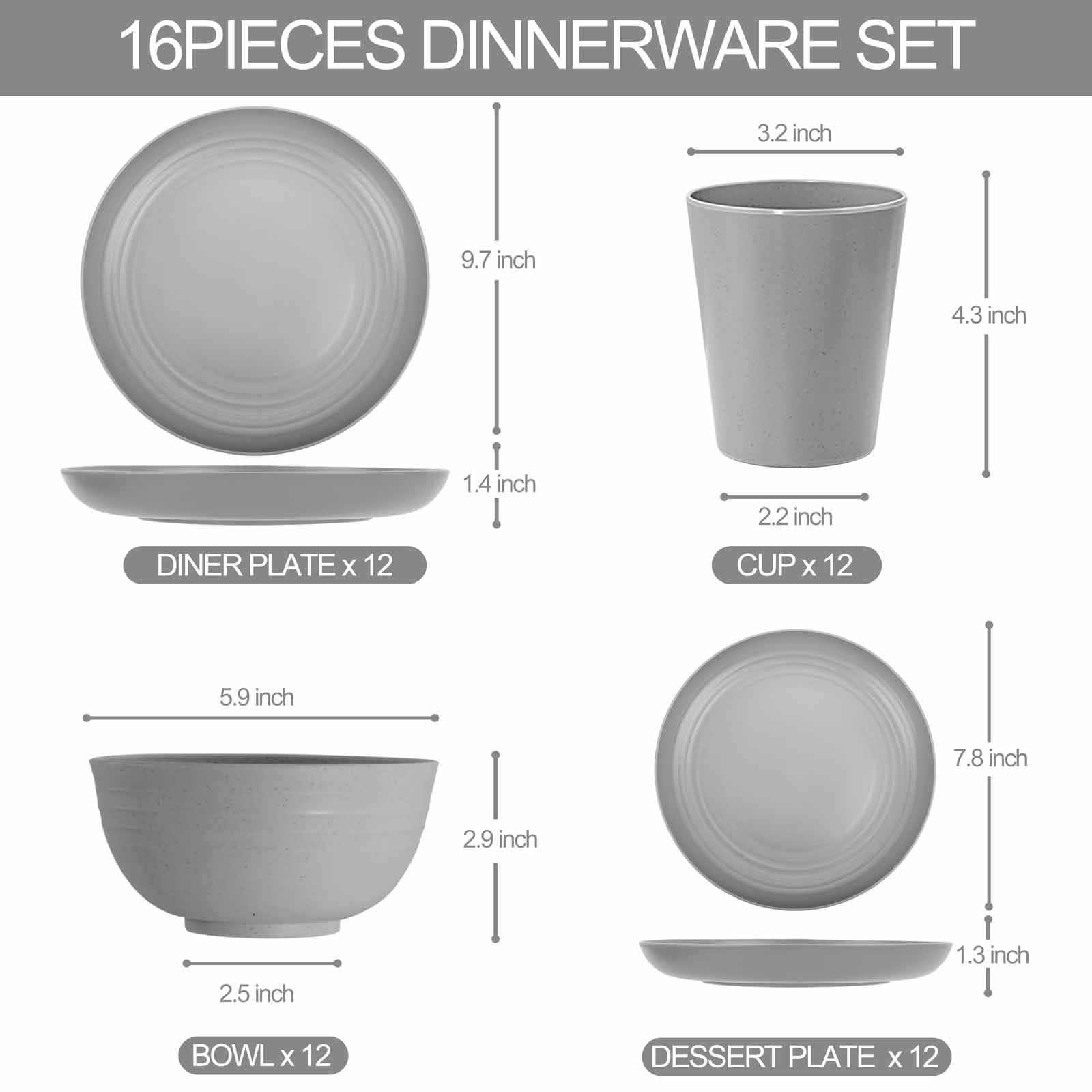 Liyh 48Pcs Grey Straw Dinnerware Set, Plates And Bowls Set, Camping Dish Set For 12, Plastic Dinnerware Set, Dishwasher Safe Din