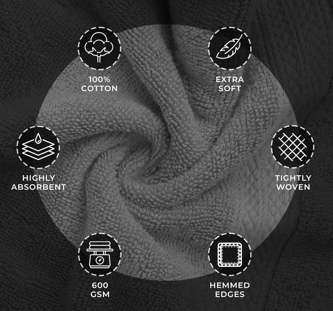 Avalon Towels Luxury 8 Piece Towels Set, 2 Bath Towels, 2 Hand Towels And 4 Washcloths, 600 Gsm 100% Ring Spun Cotton Highly Abs