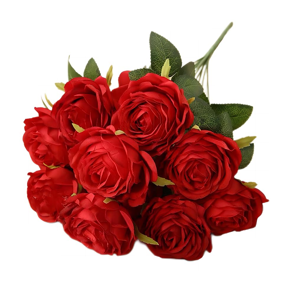 Jasion Artificial Roses 10 Heads Faux Flower Arrangement Silk Bouquet for Home Office Parties and Wedding Decoration (Red)