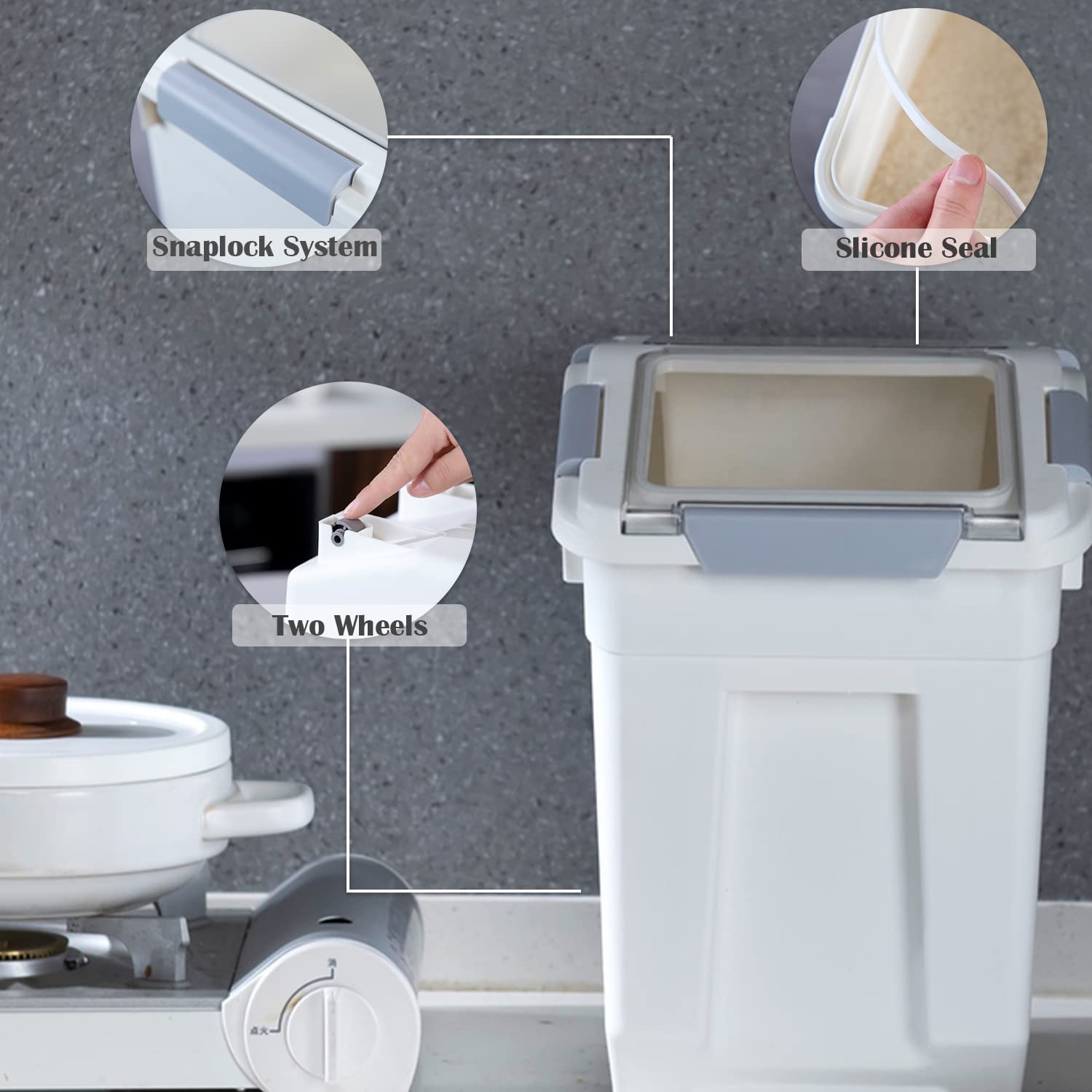 Hanamya 33 Liter / 50 Lbs Rice Storage Container With Measuring Cup, Bpa Free, For Rice | Grain | Pet Food | Flour, 2 Count, Whi