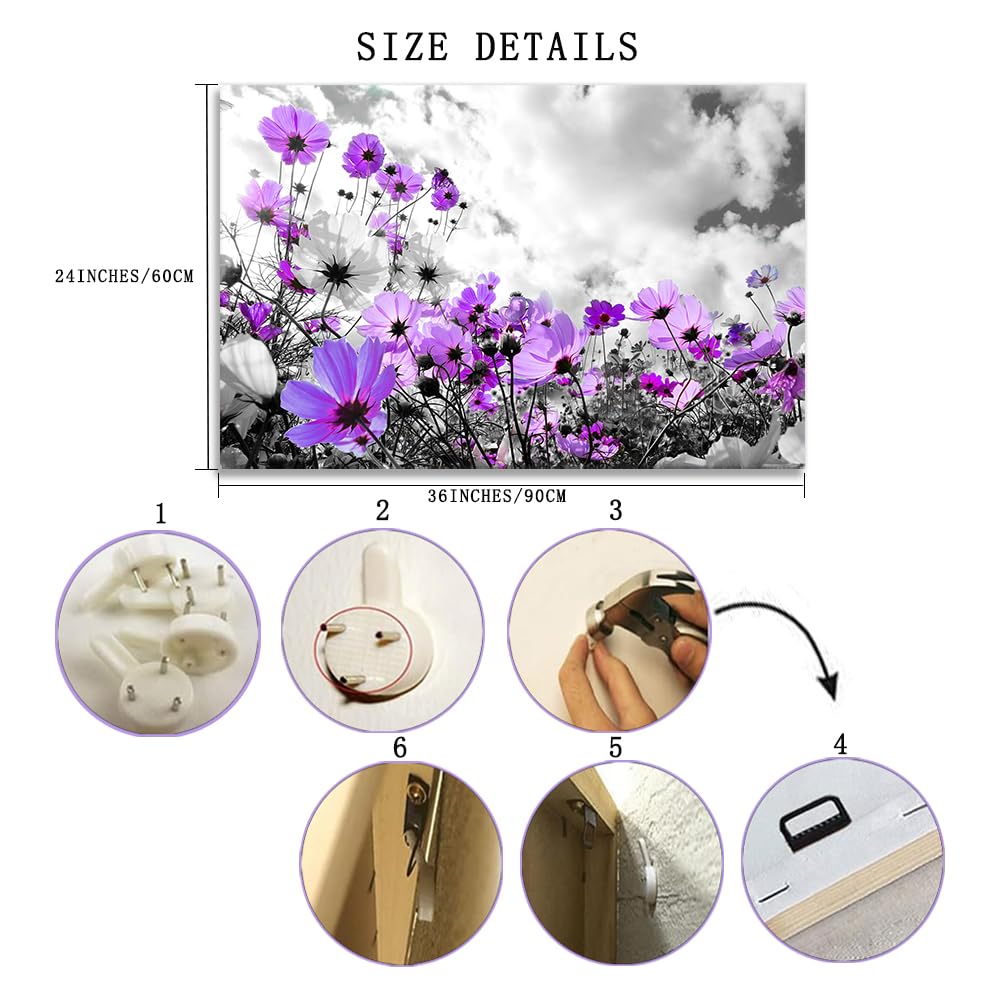 Modern Purple Flowers Canvas Art Wall Decor Black And White Framed Galsang Floral Prints And Posters Wall Hanging Decorations Re