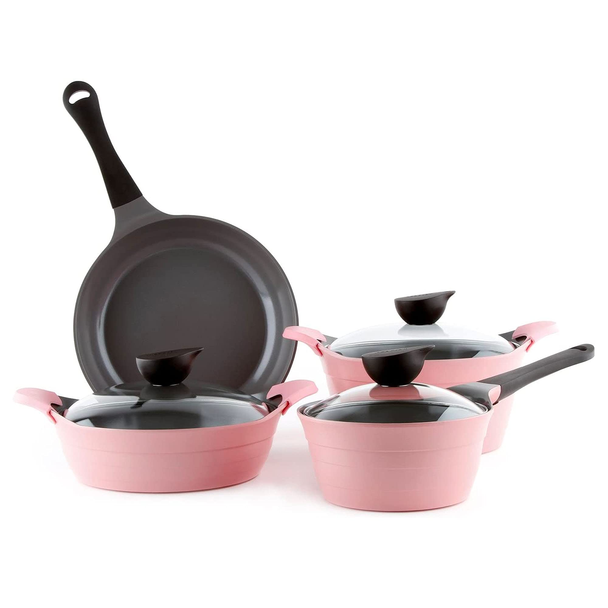 Neoflam Eela Aluminium Nonstick Cookware Set, 1.5Qt Covered Saucepan, 4.5Qt Covered Stockpot, 2.5Qt Low Stockpot , 7 Piece (Pink