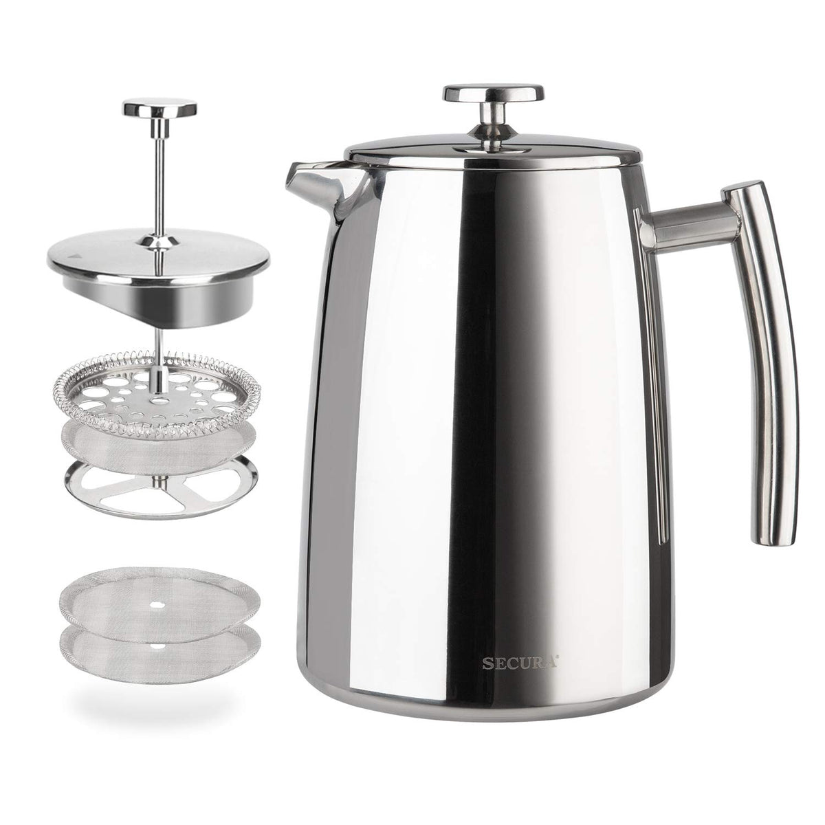 Secura French Press Coffee Maker, 34-Ounce, 18/10 Stainless Steel Insulated Coffee Press With Extra Screen
