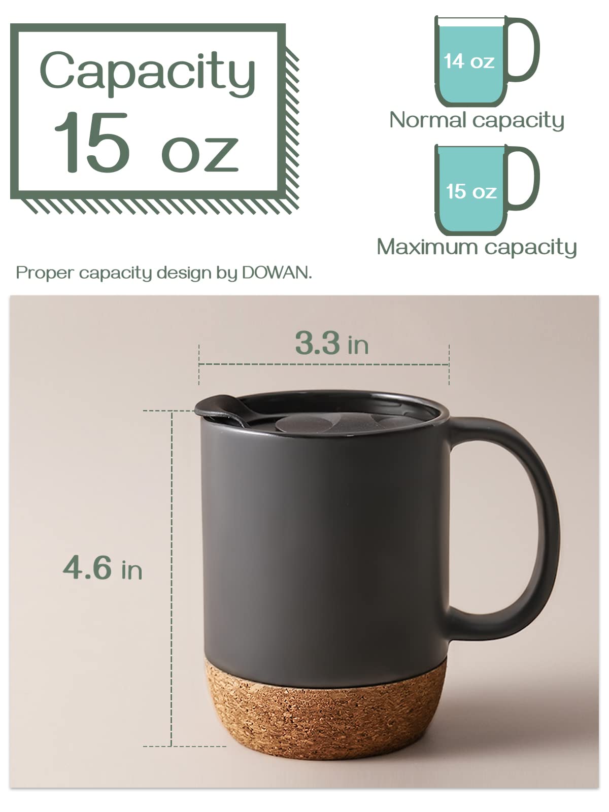 Dowan Coffee Mugs, 15 Oz Mug Set Of 2, Large Ceramic Coffee Mug With Cork Bottom And Spill Proof Lid For Mom Dad, Big Mug For Co