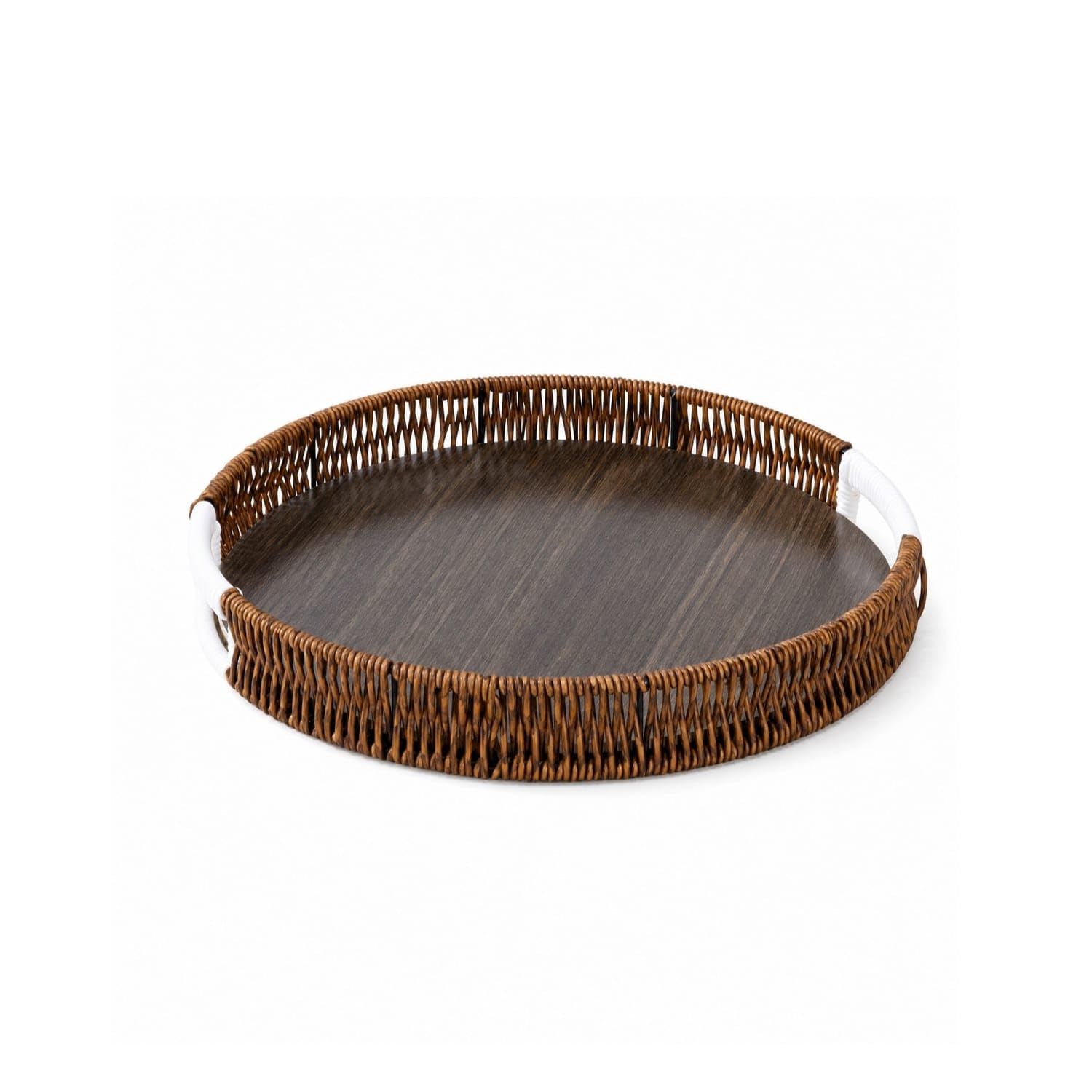 RattanStyle Round Serving Tray WoodGrain Tray With Handles Shallow Easy To Carry For Hosts, Tea Time, Coffee Table, 3145Cm, R