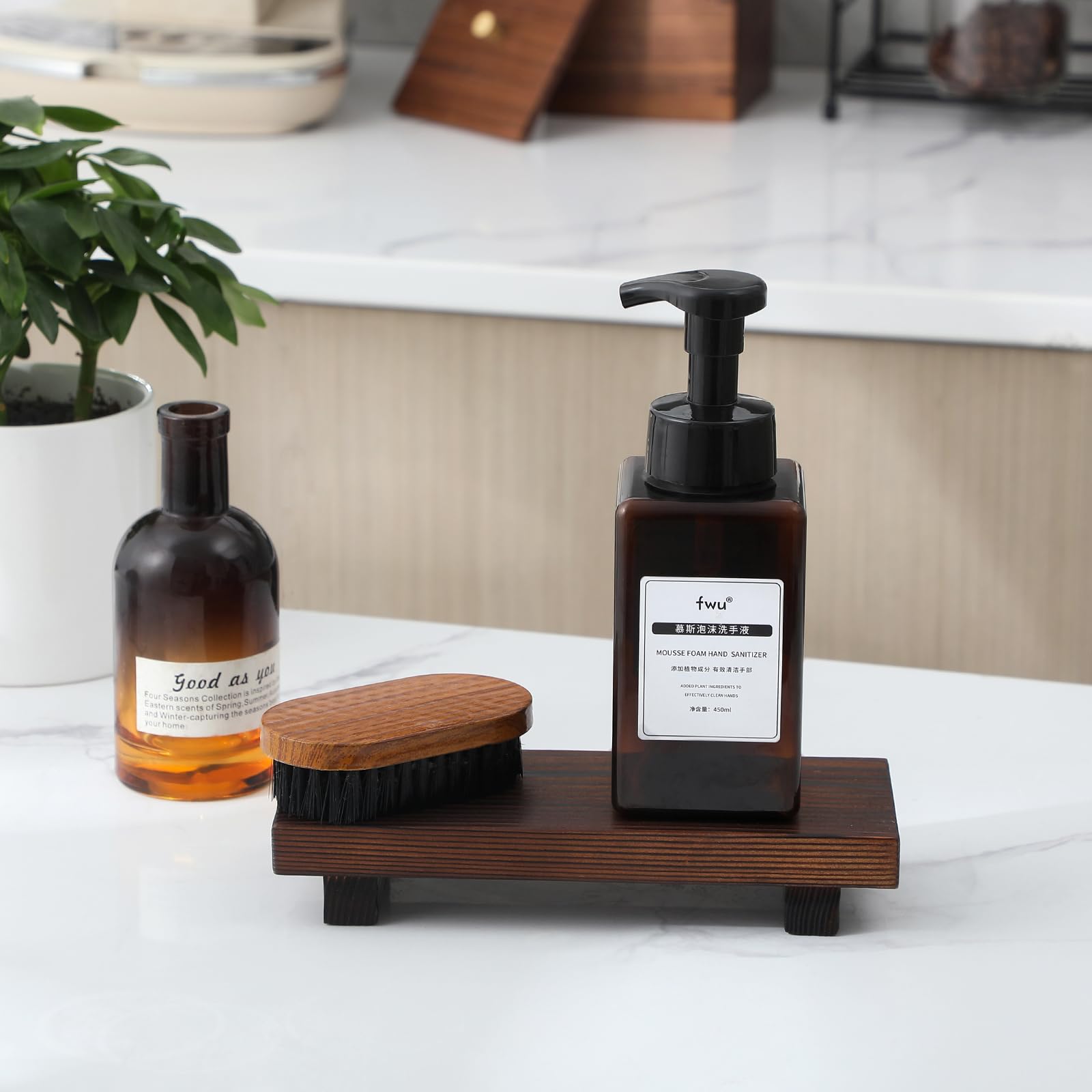 Bathroom Counter Organizer Wood Pedestal Stand Farmhouse Decorative Tray Soap Holder For Kitchen Decor, Small, Dark Brown