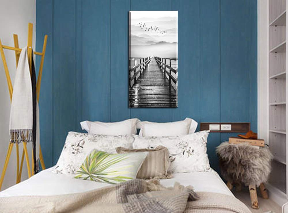 Lake Wall Art For Aisle Corridor, Piy Black And White Pier With Birds Flying Canvas Prints Decor, Vertical Calm Wharf Mountain L