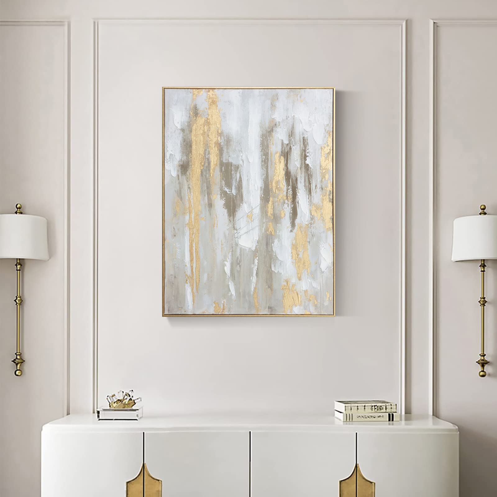 Gold Abstract Wall Art Decor - Framed Abstract Canvas Artwork With Gold Foil And Texture For Modern Style Decor, Ready To Hang