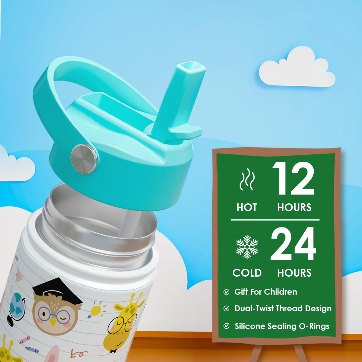 SANDJEST Animal Kids Water Bottle with Straw Lid 12oz Insulated Stainless Steel, Travel Tumbler, Gifts for Girls, Birthday, Chri
