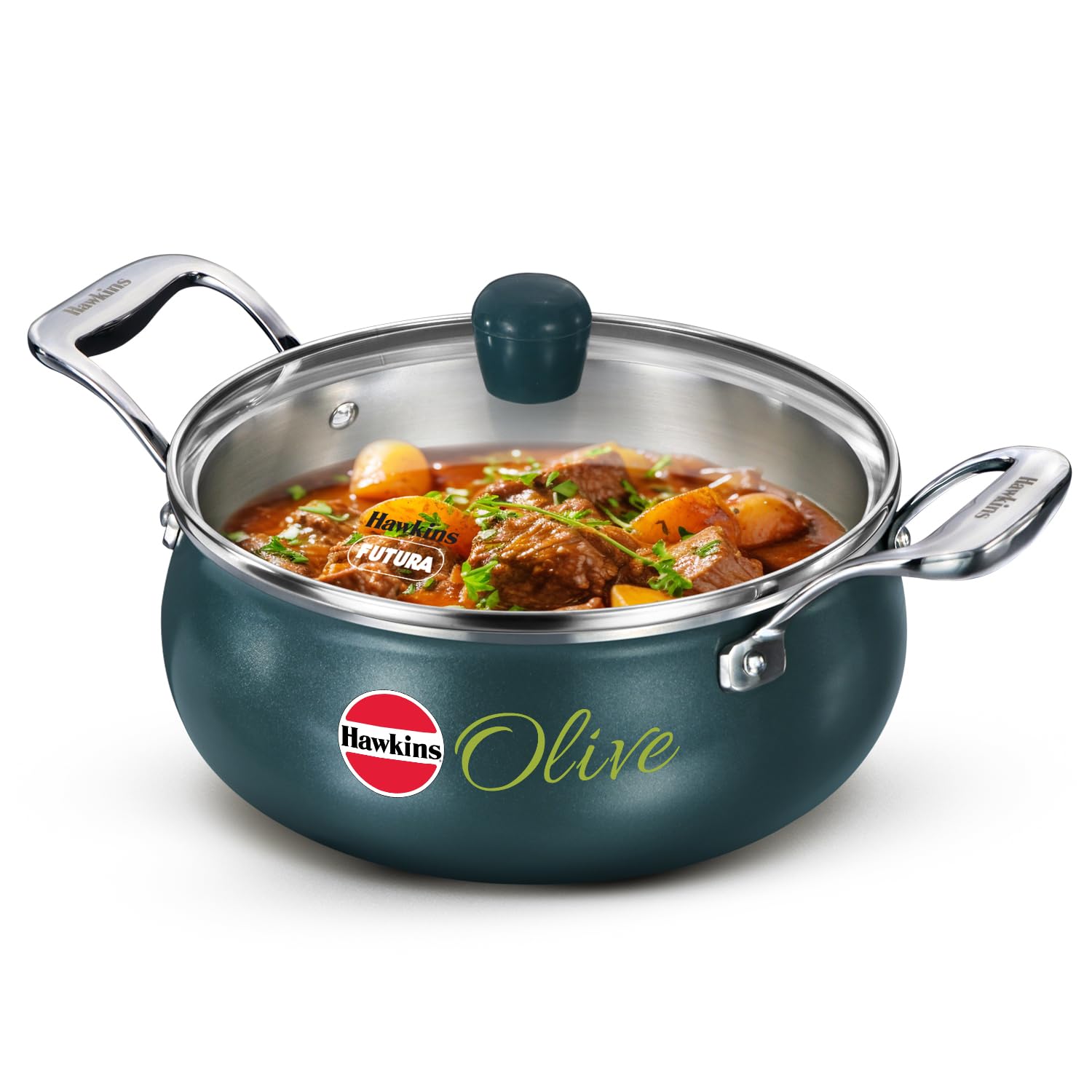 Hawkins 3 Litre Triply Stainless Steel Olive Handi | Induction & Gas Compatible | Easy-Clean Ceramic Exterior | With Glass Lid |