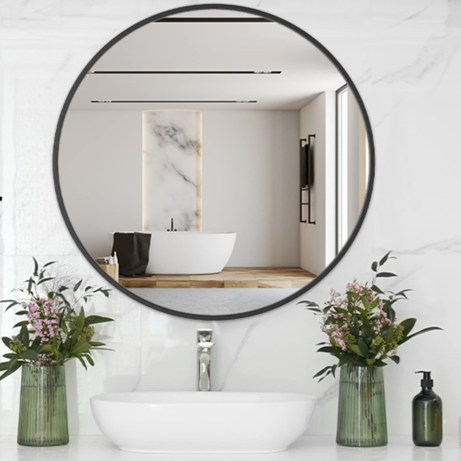 USHOWER Black Round Mirror for Over Sink 24-inch, Circle Bathroom Mirror, Metal Frame Vanity Mirror, Modern Wall Mirror for Entr