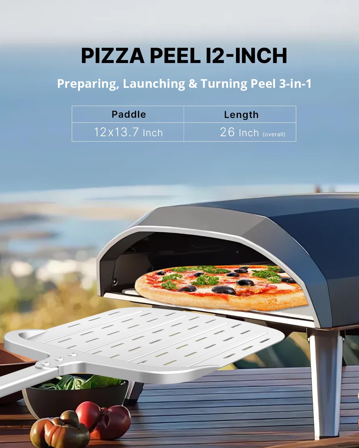 Perforated Pizza Peel 12-Inch, Professional Nonstick Aluminum Metal Pizza Paddle Spatula, Heat-Resistant Handle, Lightweight Piz