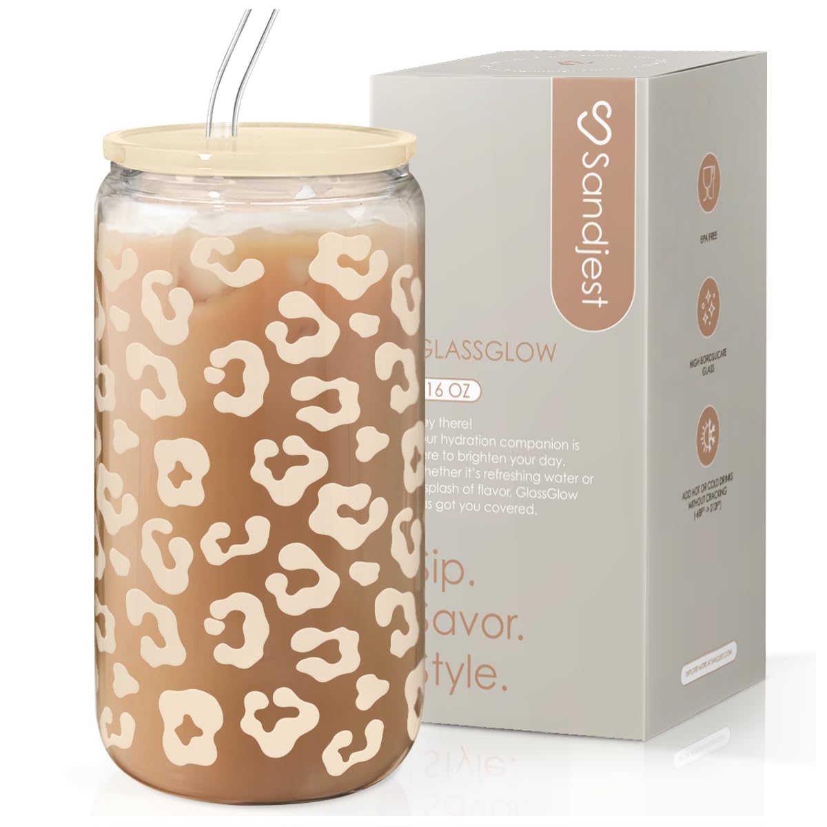 SANDJEST Leopard Glass Can, Beige Leopard Print Cup with Lid & Straw, Iced Coffee Aesthetic Cups, Gift for Christmas Birthday Mo