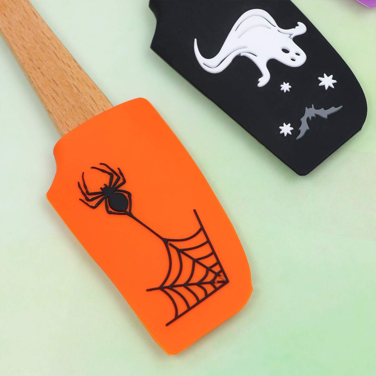 Cabilock 4Pcs Halloween Wooden Handle Silicone Spatula Heat Resistant Silicone Scraper Set Cream Spatula Kitchen Utensil For Coo