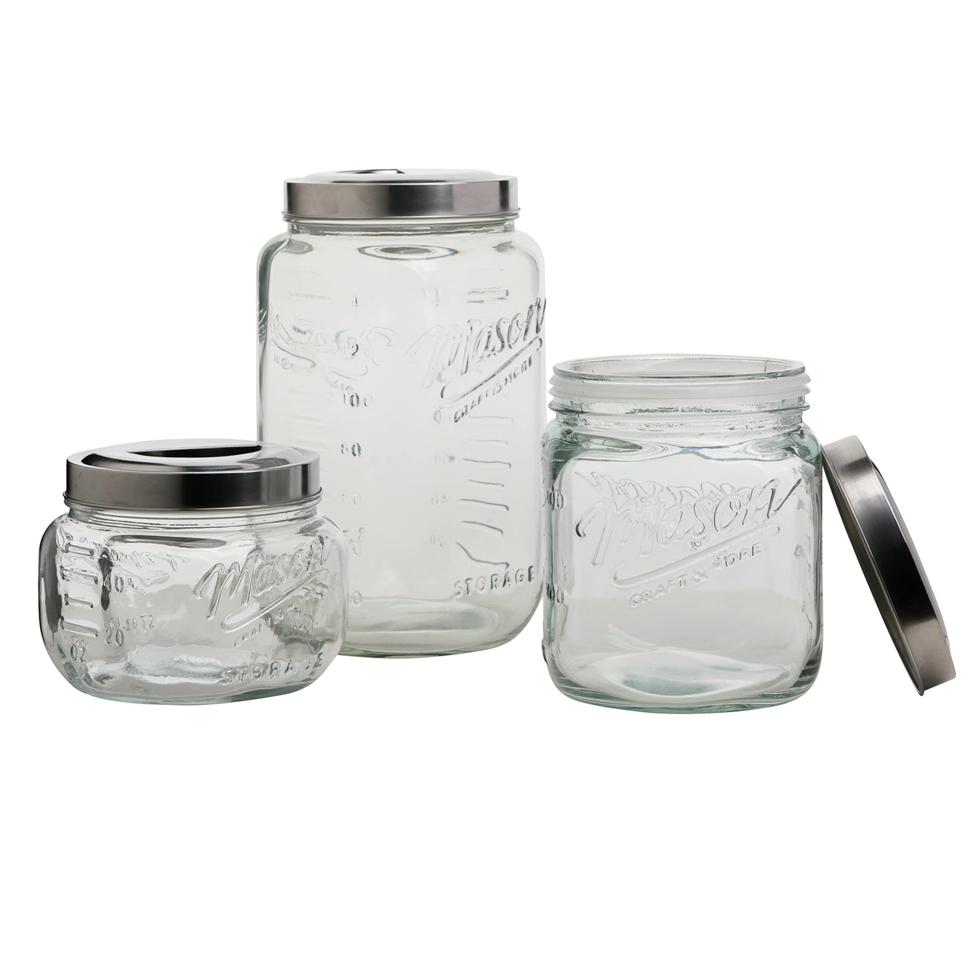 Mason Craft & More Glass Pop Up Canister Set, 3PC (1.6L, 2.75L, 4.6L), Airtight Food Storage, Clear
