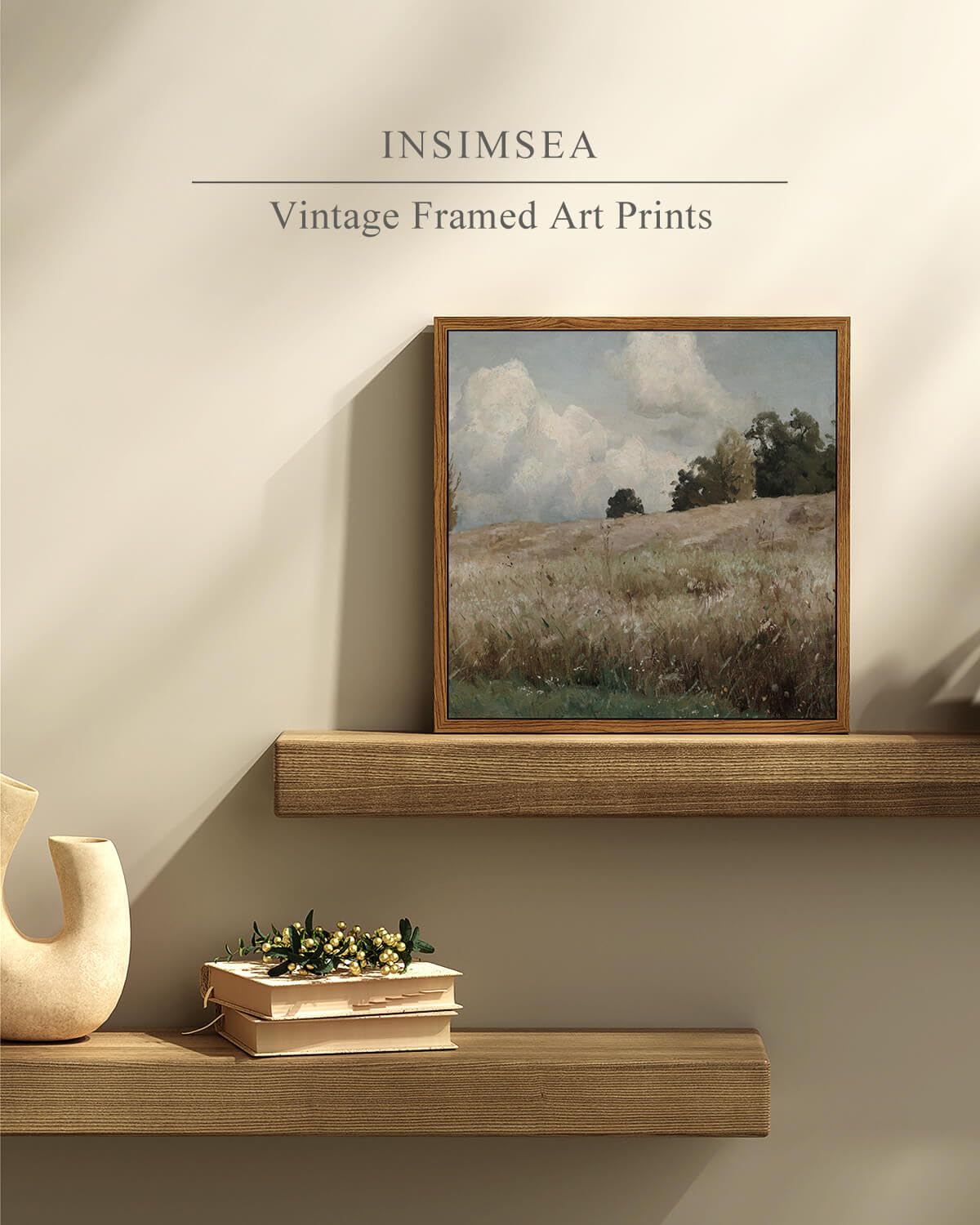 Insimsea Square Framed Canvas Wall Art, Scenery Field Landscape Vast Grassland Farmhouse Wall Art Decor, Classical Nature Painti