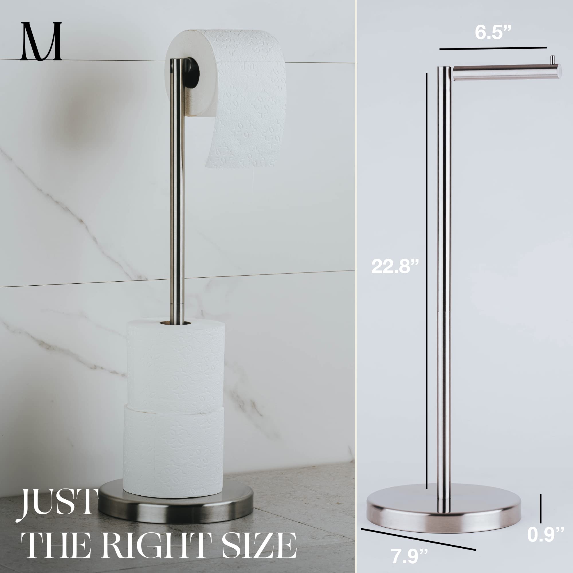 Marmolux Acc - Free Standing Toilet Paper Holder Stand in Brushed Steel Finish | Storage for 4 Rolls of Toilet Tissue | SUS 304 Stainless Steel Bathroom TP Stand