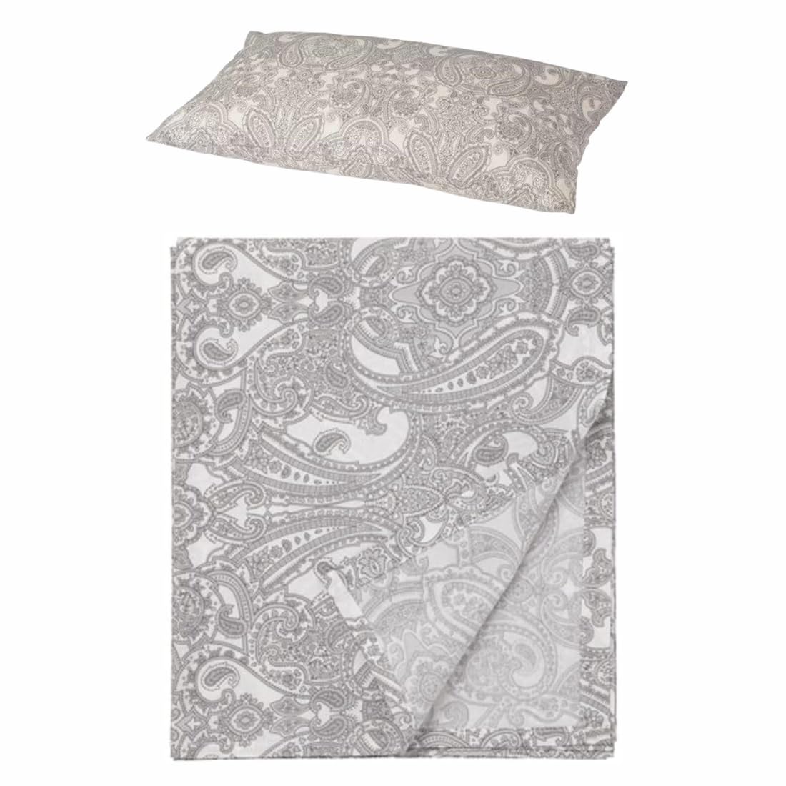 Ikea Jttevallmo Bedding Set: Paisley Flat Sheet (White/Grey) & Pillowcase, Beige/Dark Grey, 50X80 Cm (20X32)