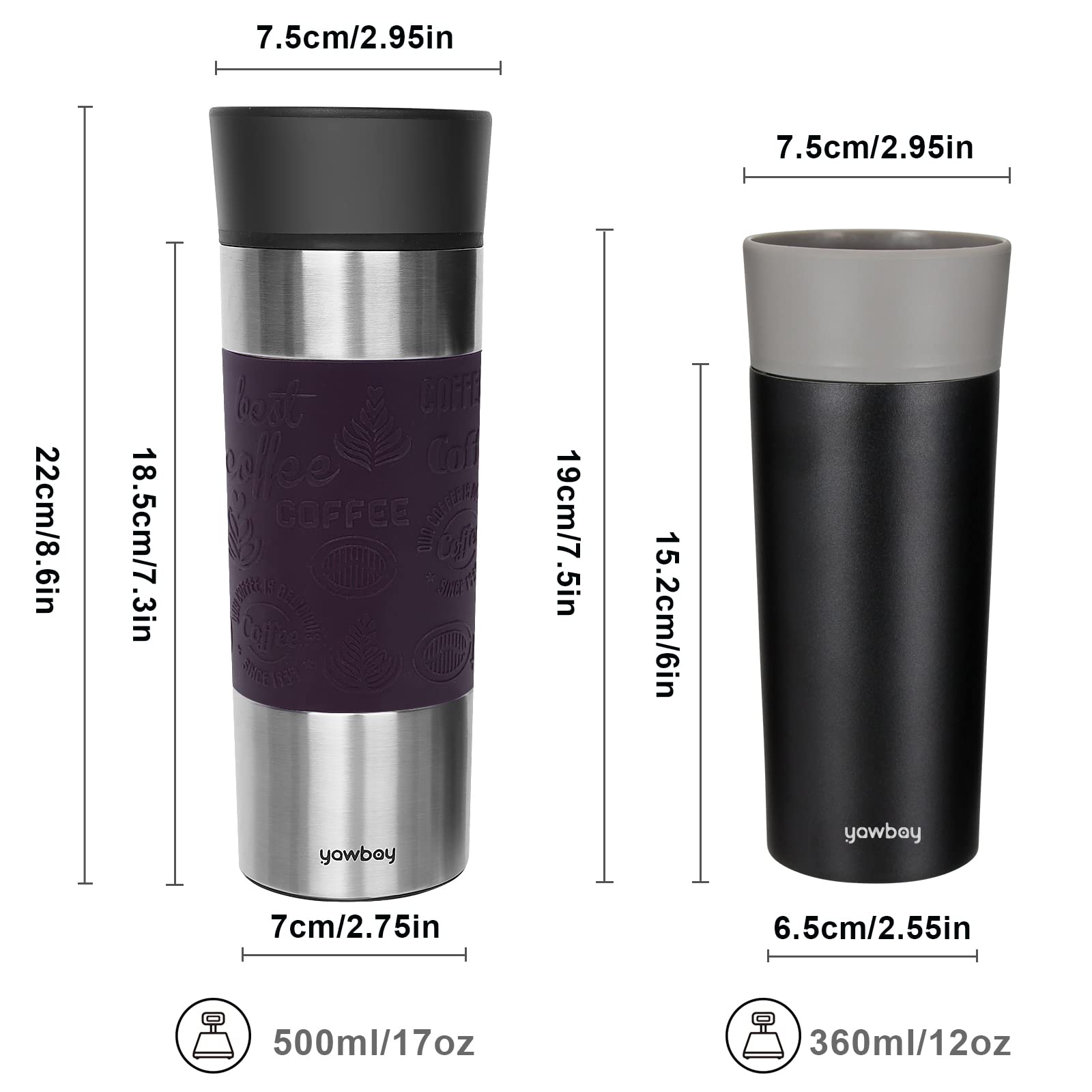 Yawbay Travel Coffee Mug, Travel Mug With 360All-Round Drinking Lid, Vacuum Insulated Tumbler, Stainless Steel Tumbler, Double W