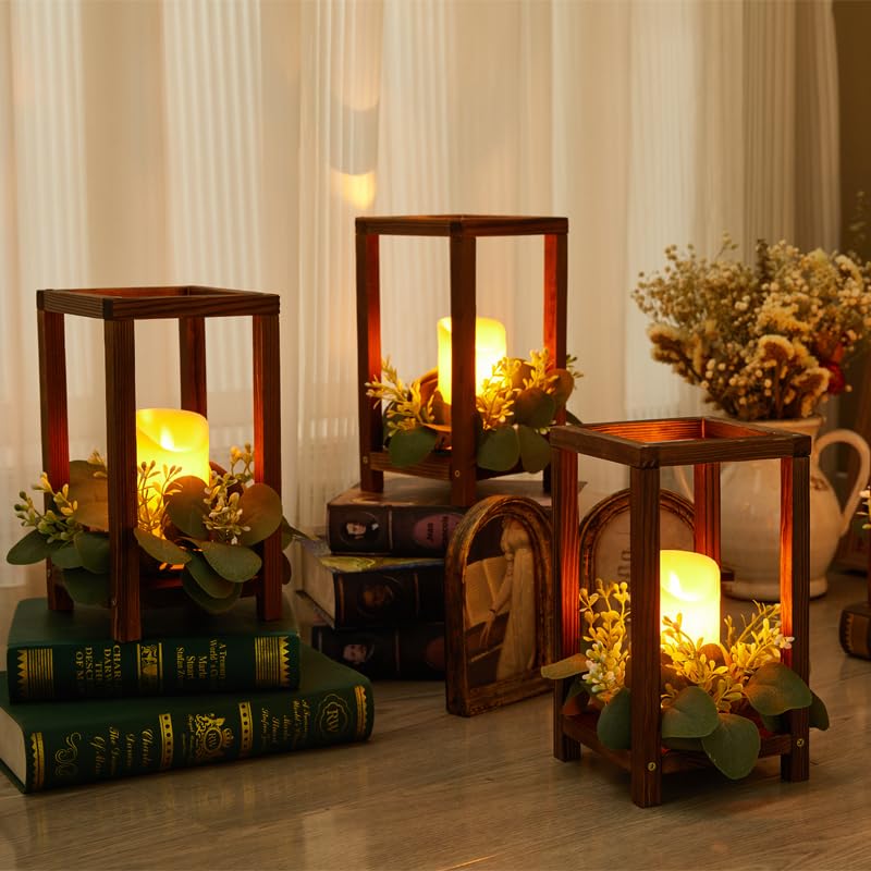 Neoflavie 8 Set/24 Pcs Wooden Wedding Lantern Centerpiece Include 8 Wooden Lantern Candle Holder 8 Flameless LED Candle 8 Eucaly