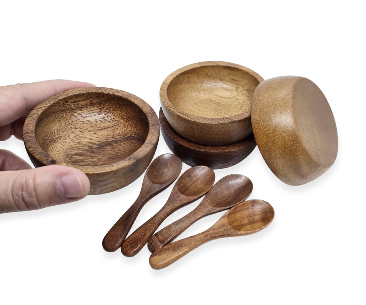 Bestysuperstore Small Round Wood Bowls 4 Pcs 4 '' Diameter Stackable Acacia Wooden Bowl Set With 4 Spoons For Serving Salad Sals