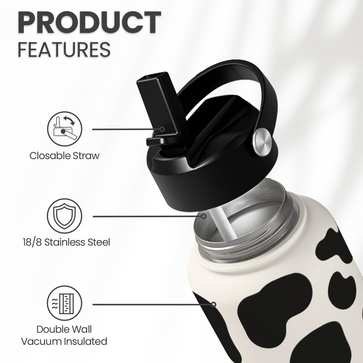 Cow Print Water Bottle 32oz Stainless Steel Vacuum Insulated with Lid, Cow Water Bottles for Gym Sports Travel Outdoor, Cow Gift