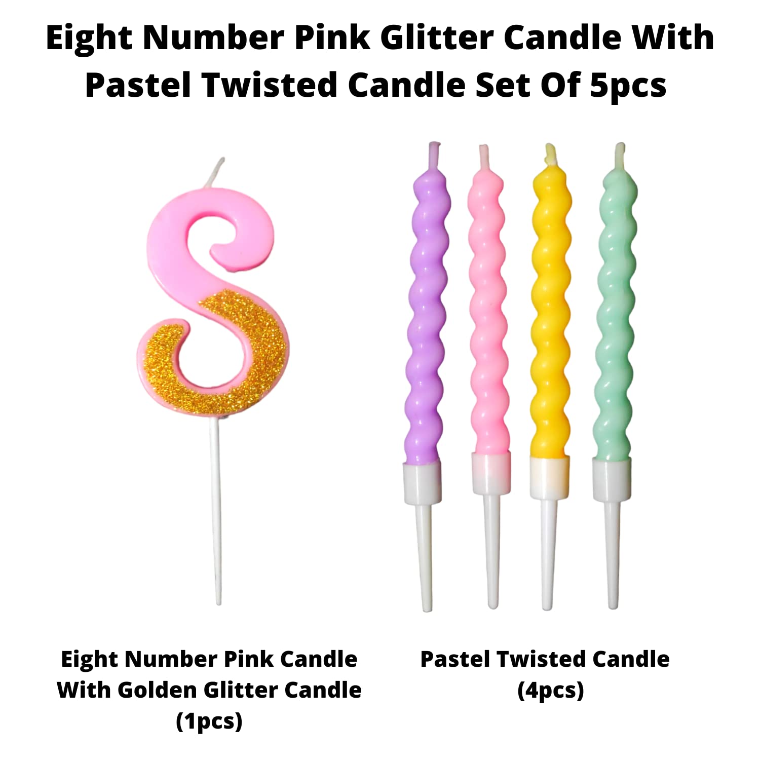 Party Decorz Number 8 Candle | Eight Number Candle | Eight Number Pink Glitter Candle with Pastel Twisted Candle Set of 5pcs for