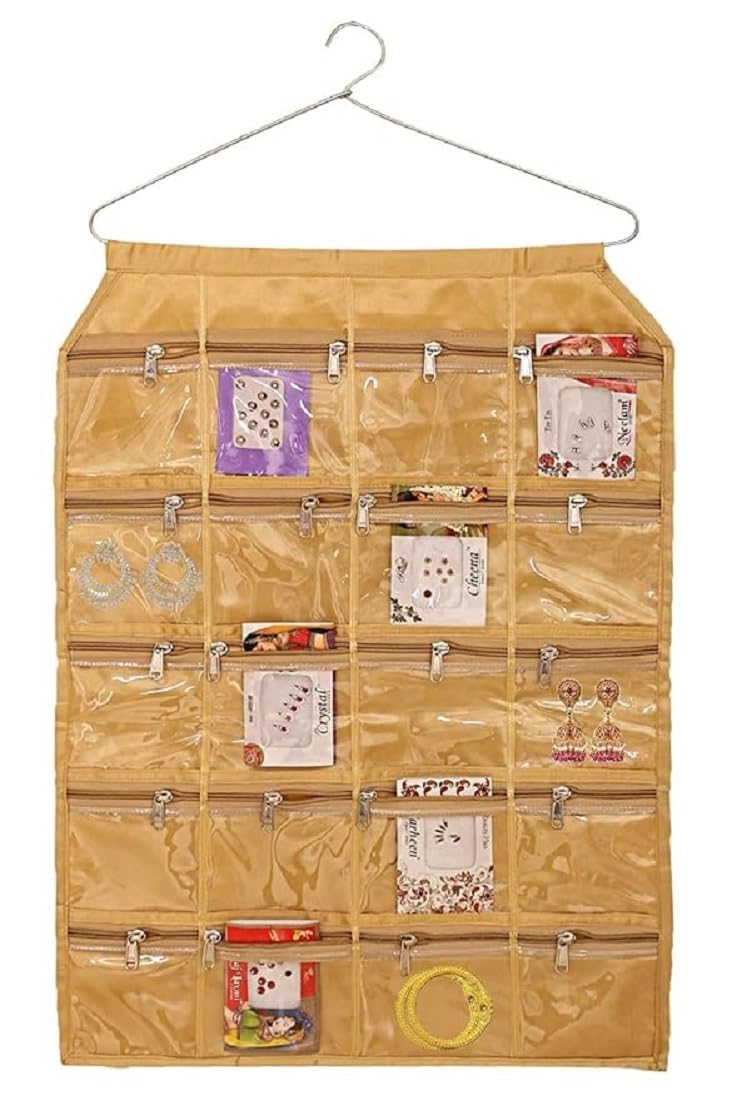 Ultimatefashionista Hanging Jewellery Organisers With 20 Zipper Pockets|Metal Hanger|Zipper Pockets| Pack Of 1Pc (Gold)