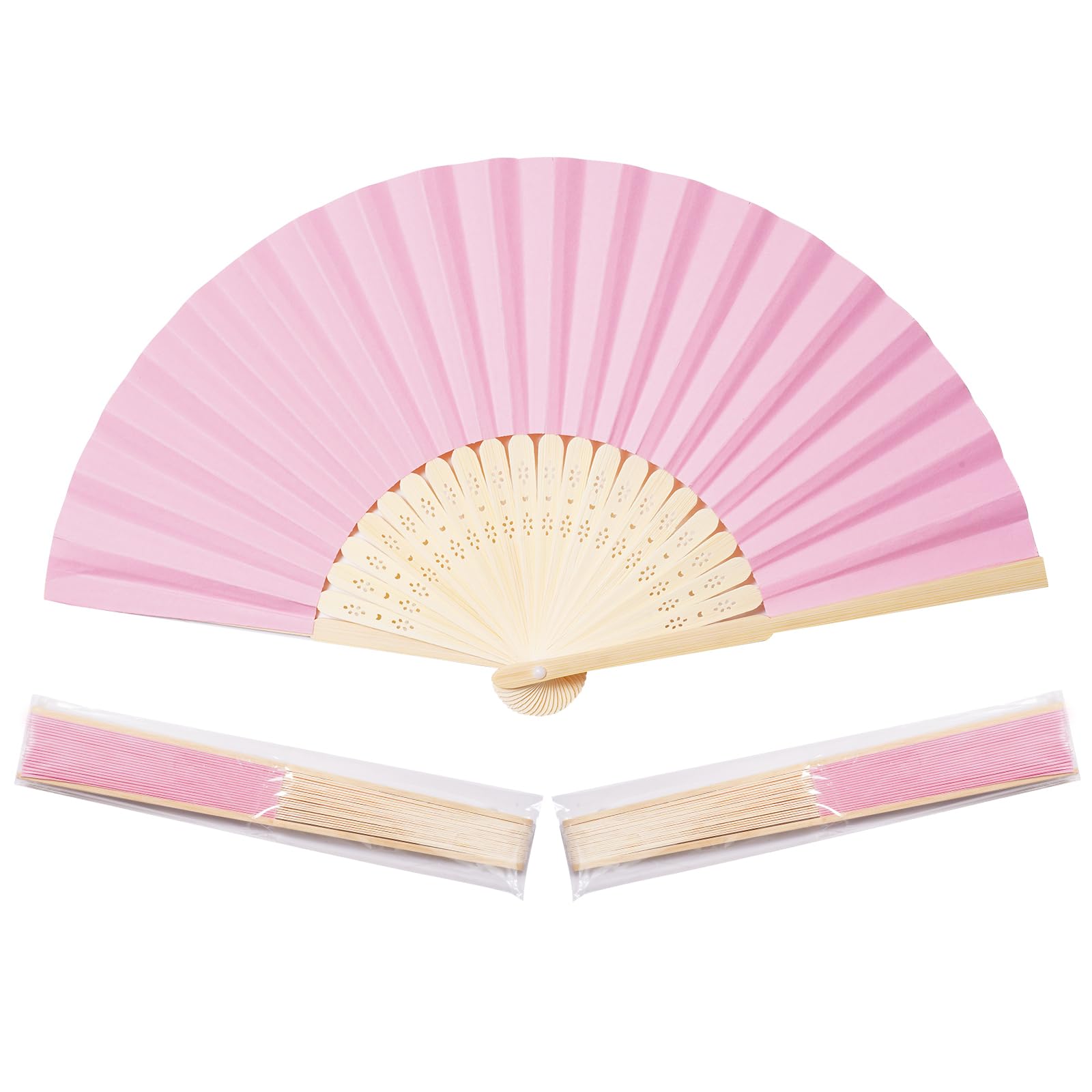 Sepwedd 50pcs Pink Paper Hand Fan Bamboo Folding Handheld Paper Fan for Wedding Party and Home Decoration
