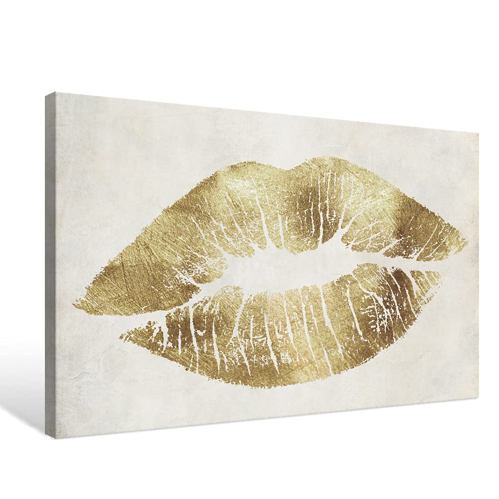 7Canvas Gold Wall Decor Glam Lip Wall Art Romantic Kiss Lip Artwork Canvas Print Picture For Bedroom Wall Bathroom Makeup Room D