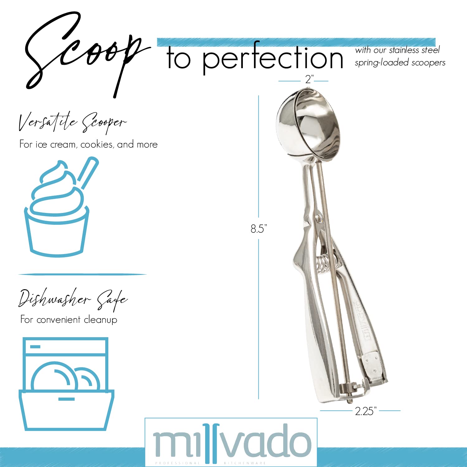 Millvado Stainless Steel Ice Cream And Cookie Scoop | Medium Sized, Spring Loaded Lever Design, For Sorbet, Melon, Meatballs, Mu