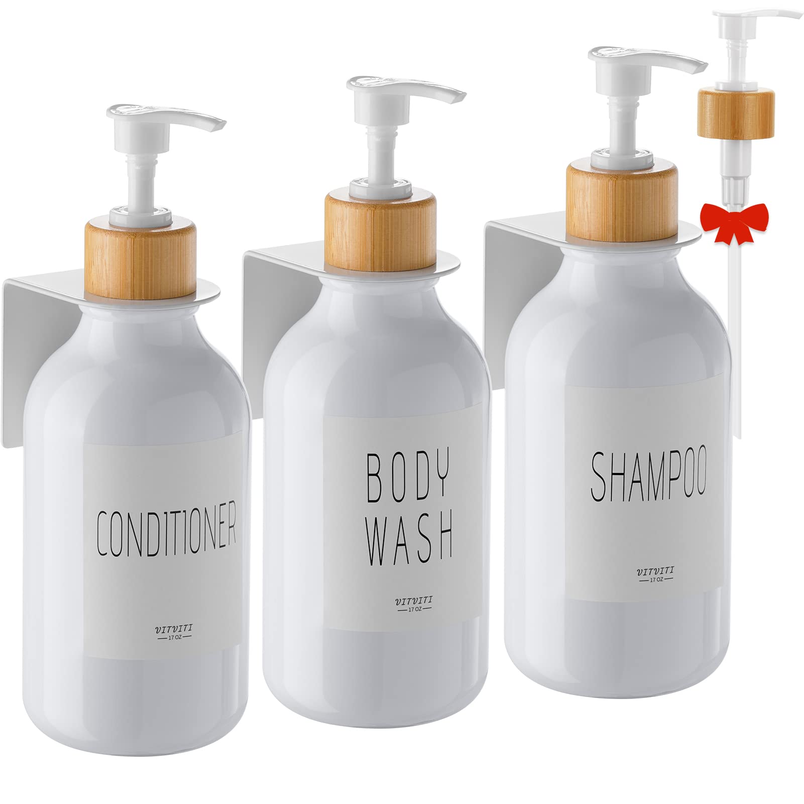 Vitviti Shampoo And Conditioner Dispenser, Body Wash Shower Soap Dispenser Wall Mounted 3 Chamber, Drill Free 17Oz Plastic Showe