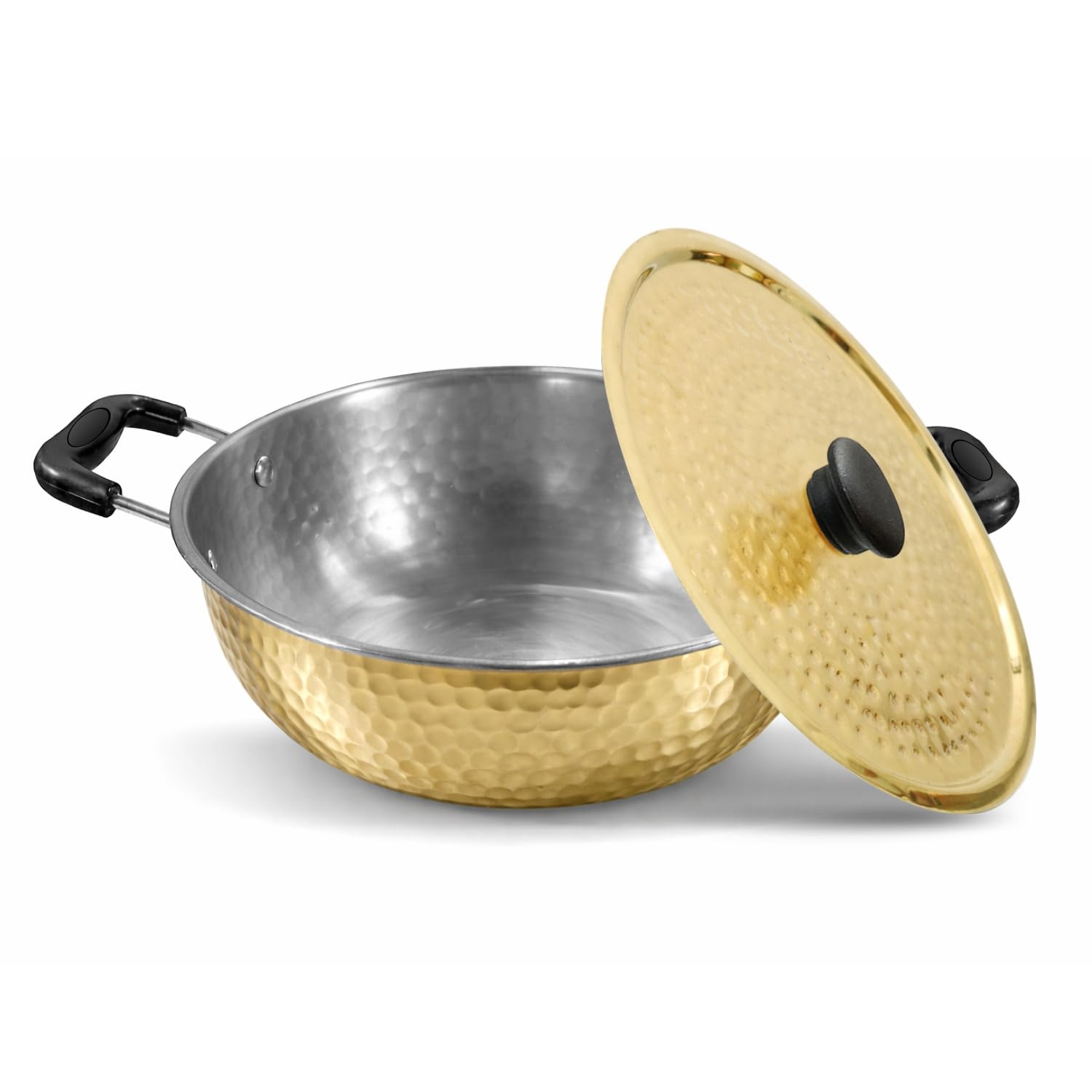 Pinak Brass Kadhai 2.5L With Insulated Heat-Resistant Handle And Pital Lid | 100% Pure Pital Tin Coated Kadai For Cooking | Non-