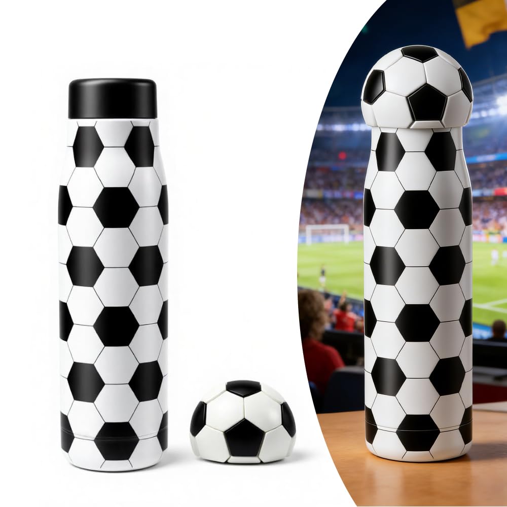 Lilys Home Soccer Stainless Steel Water Bottle 17oz  Double Wall Insulated  BPA Free  Includes Soccer & Black Lids  Ideal f