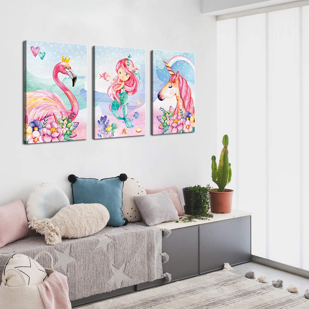 Unicorn Wall Decor Mermaid Flamingo Inspirational Framed Wall Art Prints Pink Horse Flower For Living Room Girls Room Decoration