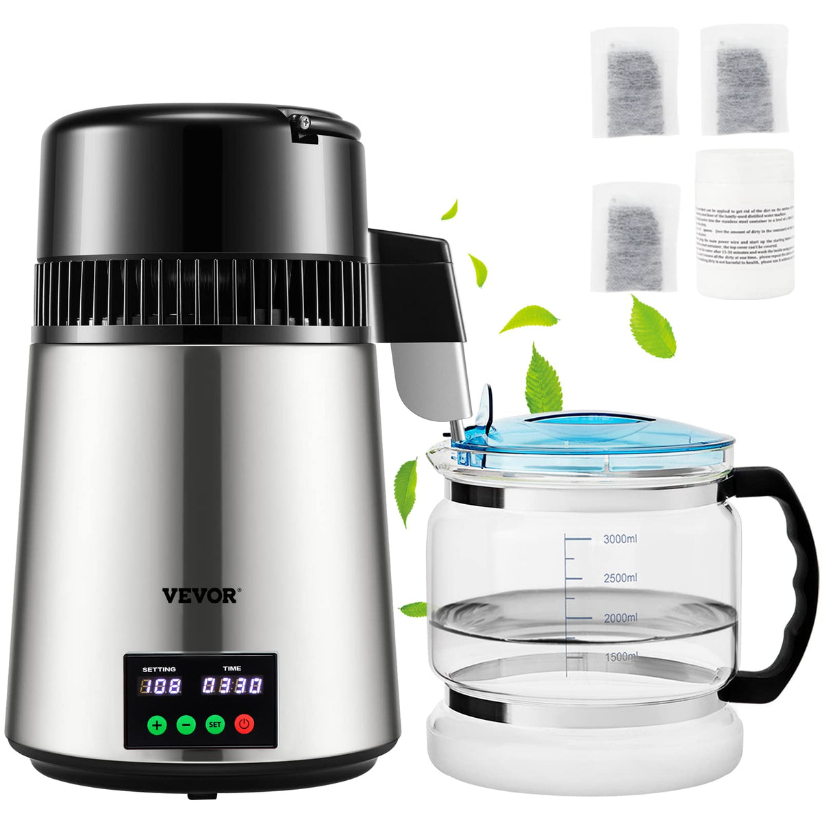 Vevor 1.1 Gal Water Distiller, 0.3 Gal/H, Distilled Water Maker Machine, 750W, 304 Stainless Steel Countertop Distiller, Glass C