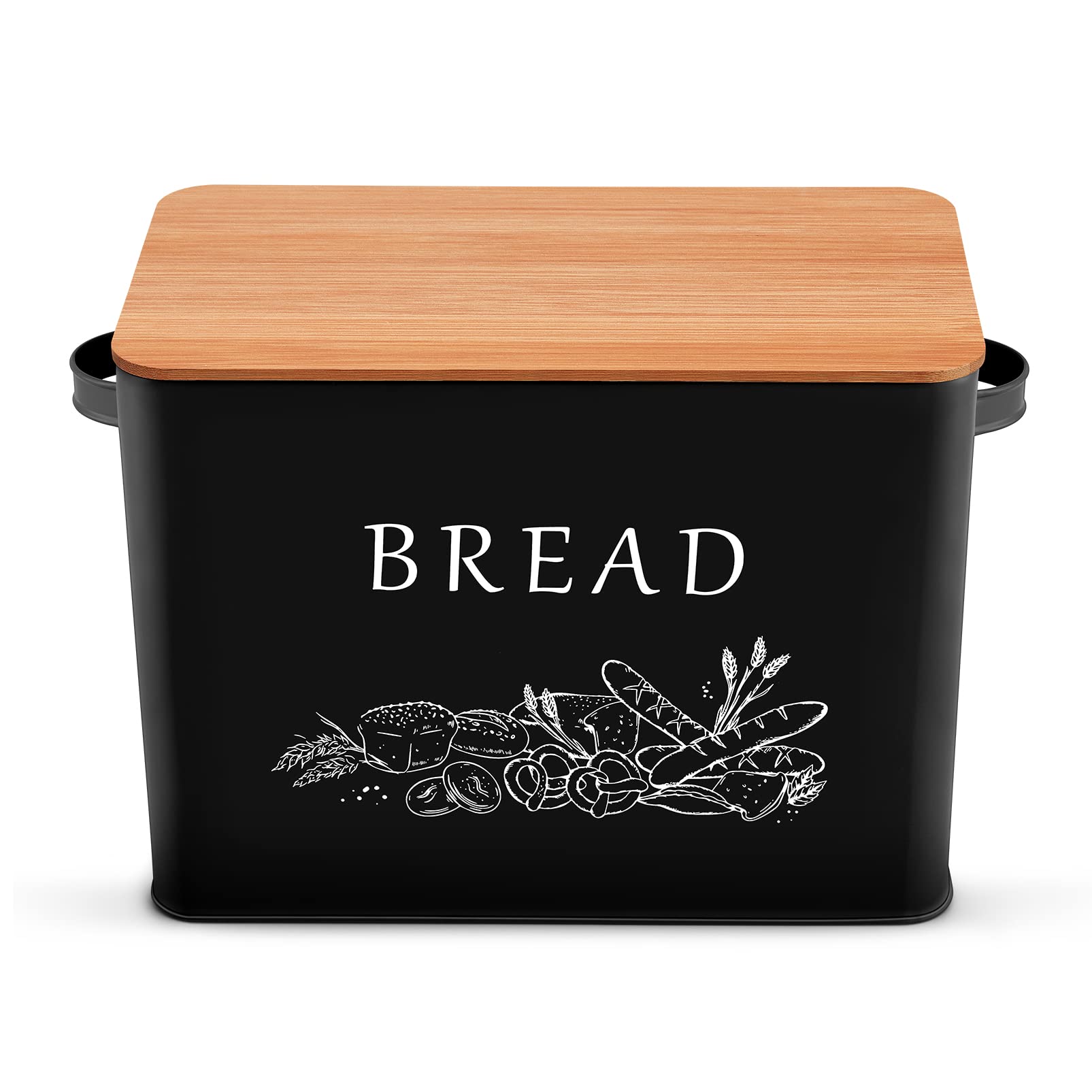 P&P Chef Black Bread Box For Kitchen Counter, Metal Bread Storage Bin With Wooden Cutting Lid, Large Capacity For Holding 2+ Loa