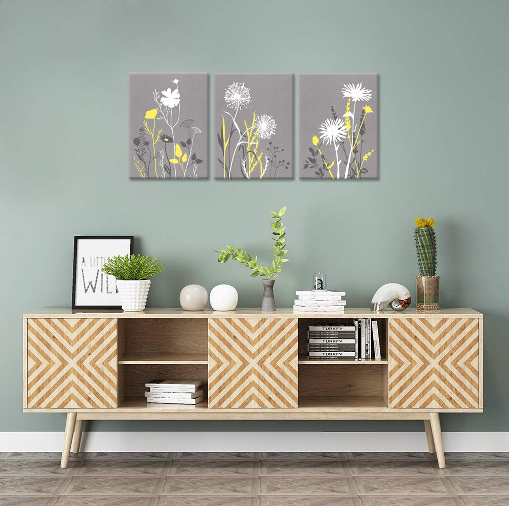 Zlove 3 Pieces Yellow Grey Bathroom Wall Art Abstract Botanical Leaves Simple Life Art Print On Canvas For Modern Home Decor Rea