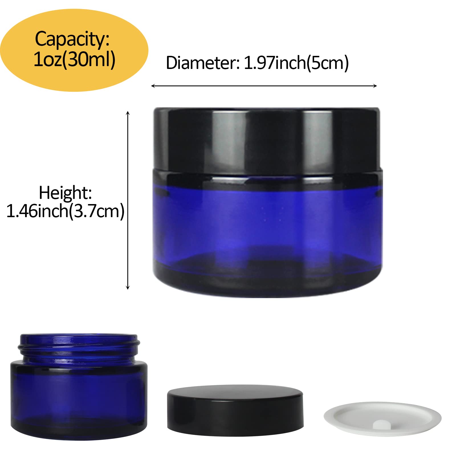 Bpfy 24 Pack 1 Oz Round Blue Glass Cosmetic Jars With Inner Liners And Black Lids, Travel Glass Jars, Cosmetic Containers For Li